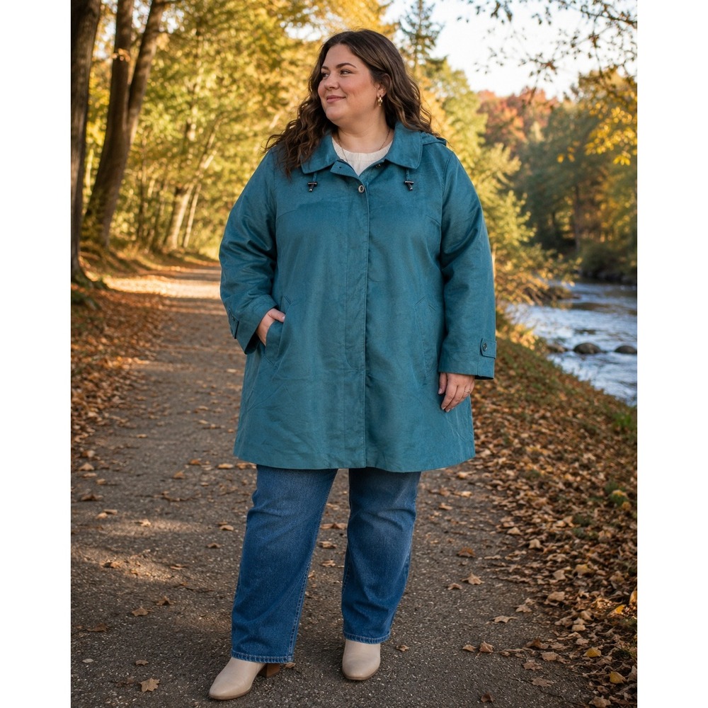 Appleseed's Hooded Faux Suede Coat Womens 3X Green Removeable Wool Blend Lining